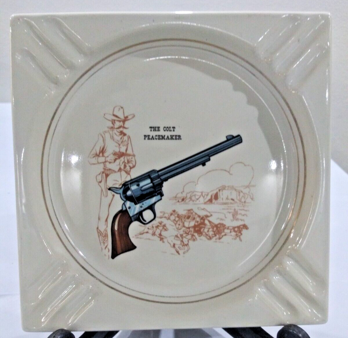 Colt 45 Peacemaker, Stagecoach, Sheriff, Vintage Hyalyn Porcelain Ashtray, 7.25
