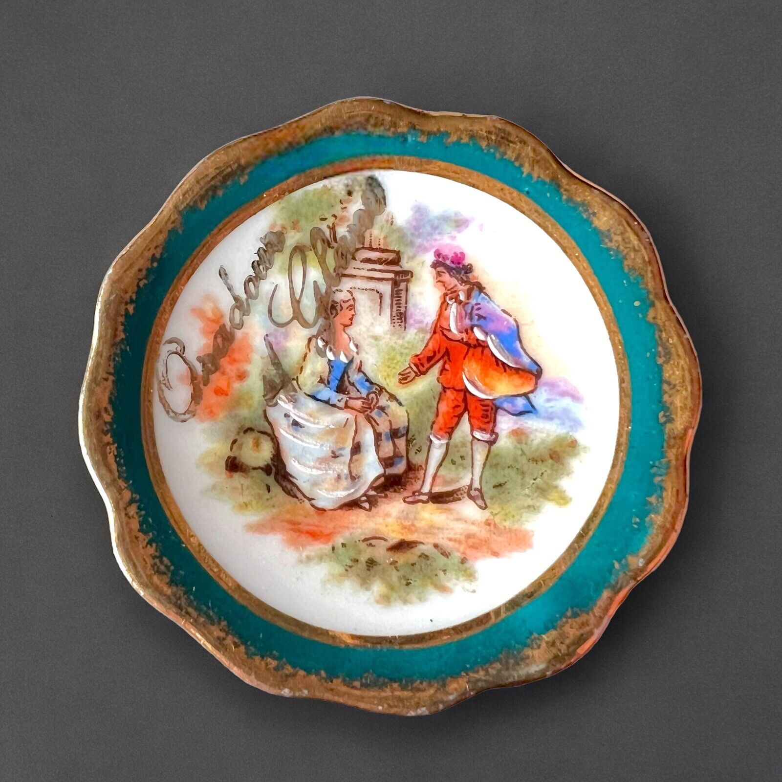 Hand-Painted Limoges France Miniature Plate Signed Artist Courting Scene 2”