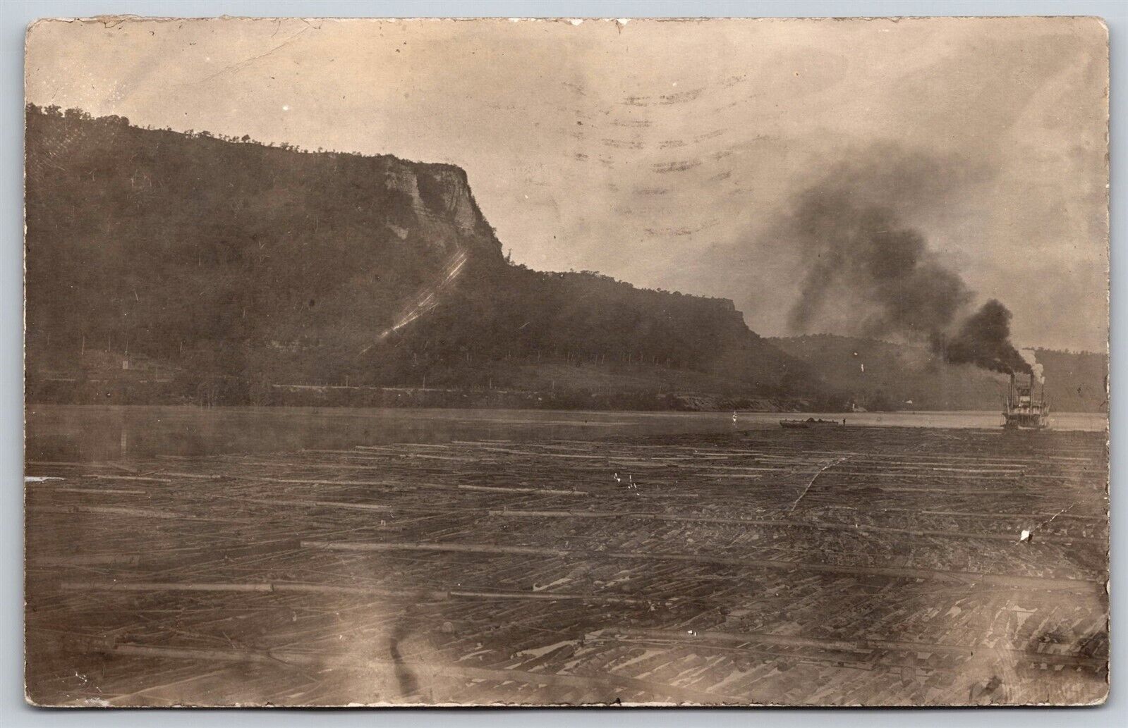 Postcard Timber Logs Steamer in Distance, posted Rock Island IL 1907 RPPC C56