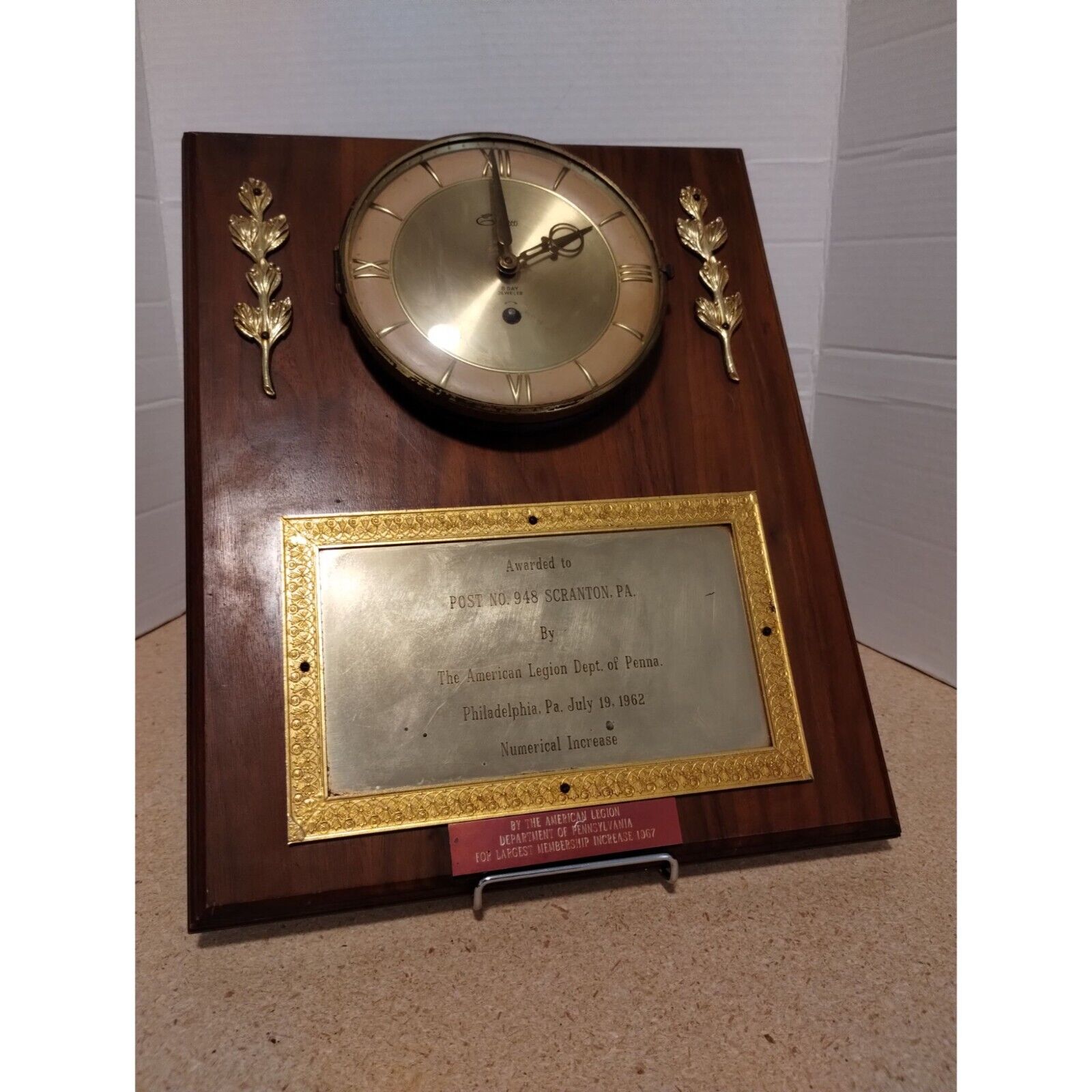 1962 The American Legion Dept. of PA Elldeco 8 Day Jeweled Clock and Plaque