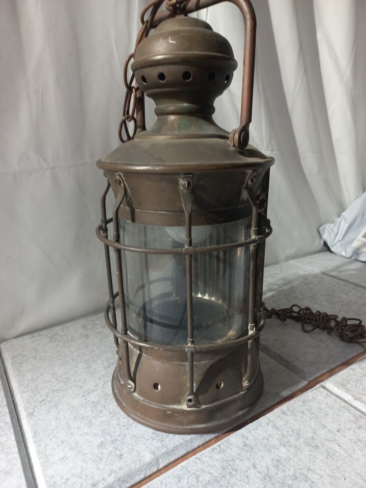 VTG Nautical Ship Brass & Copper Caged Hanging Light Lamp 17