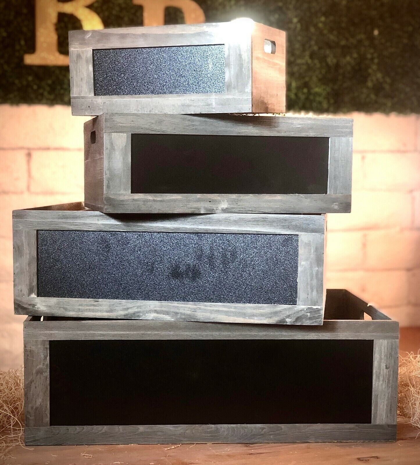 Set of 4 wooden rustic LARGE Gift Crates with Handles & Chalkboard 