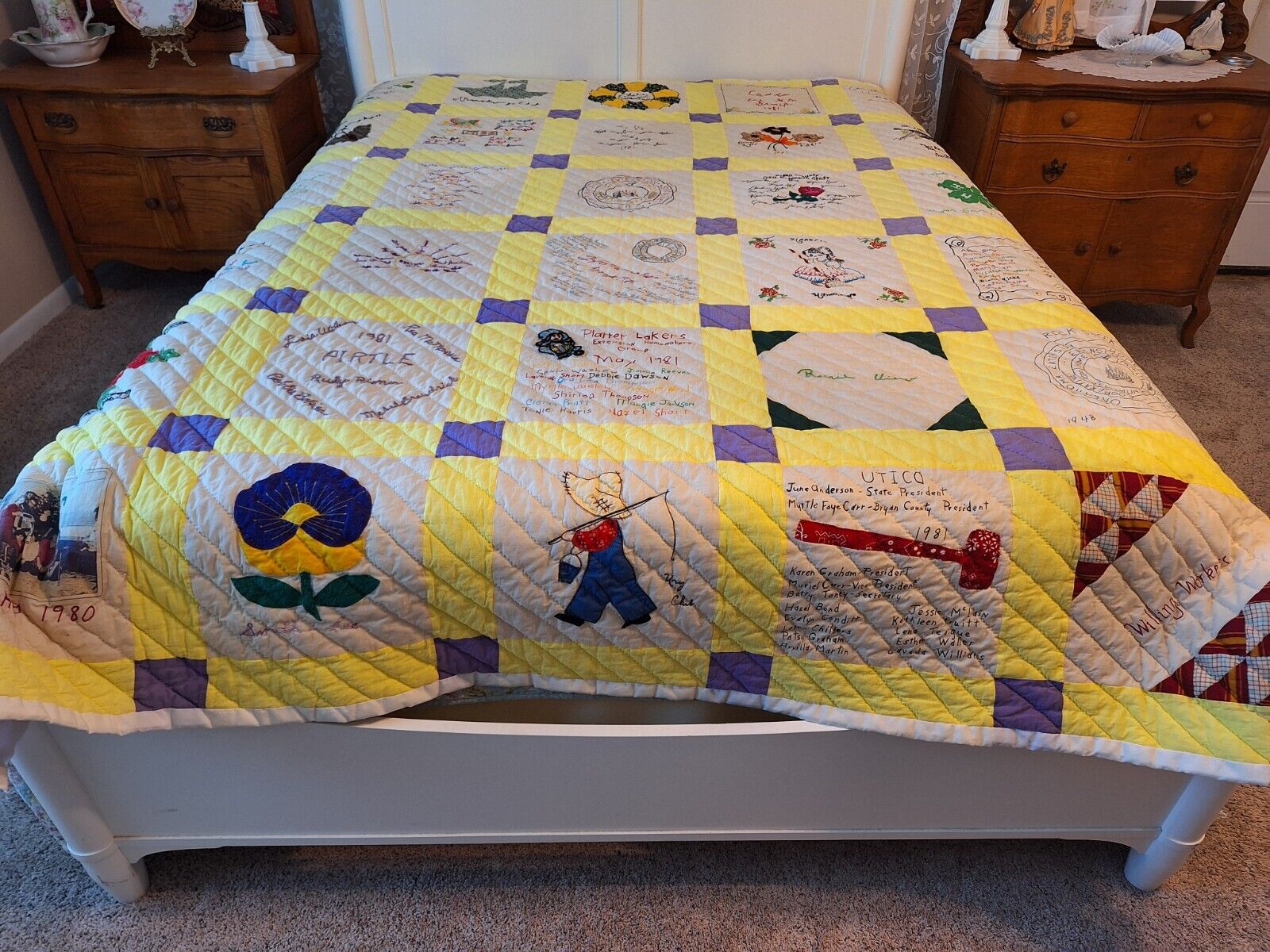 Unique Handmade Quilt W/ 30 Oklahoma Home Extension Clubs,  Embroidered Blocks