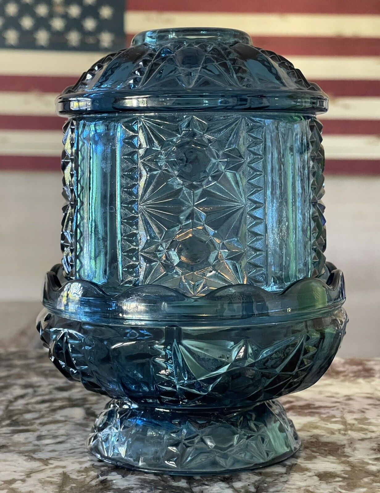 Vintage Indiana Glass Blue Stars and Bars Fairy Lamp Candle Holder