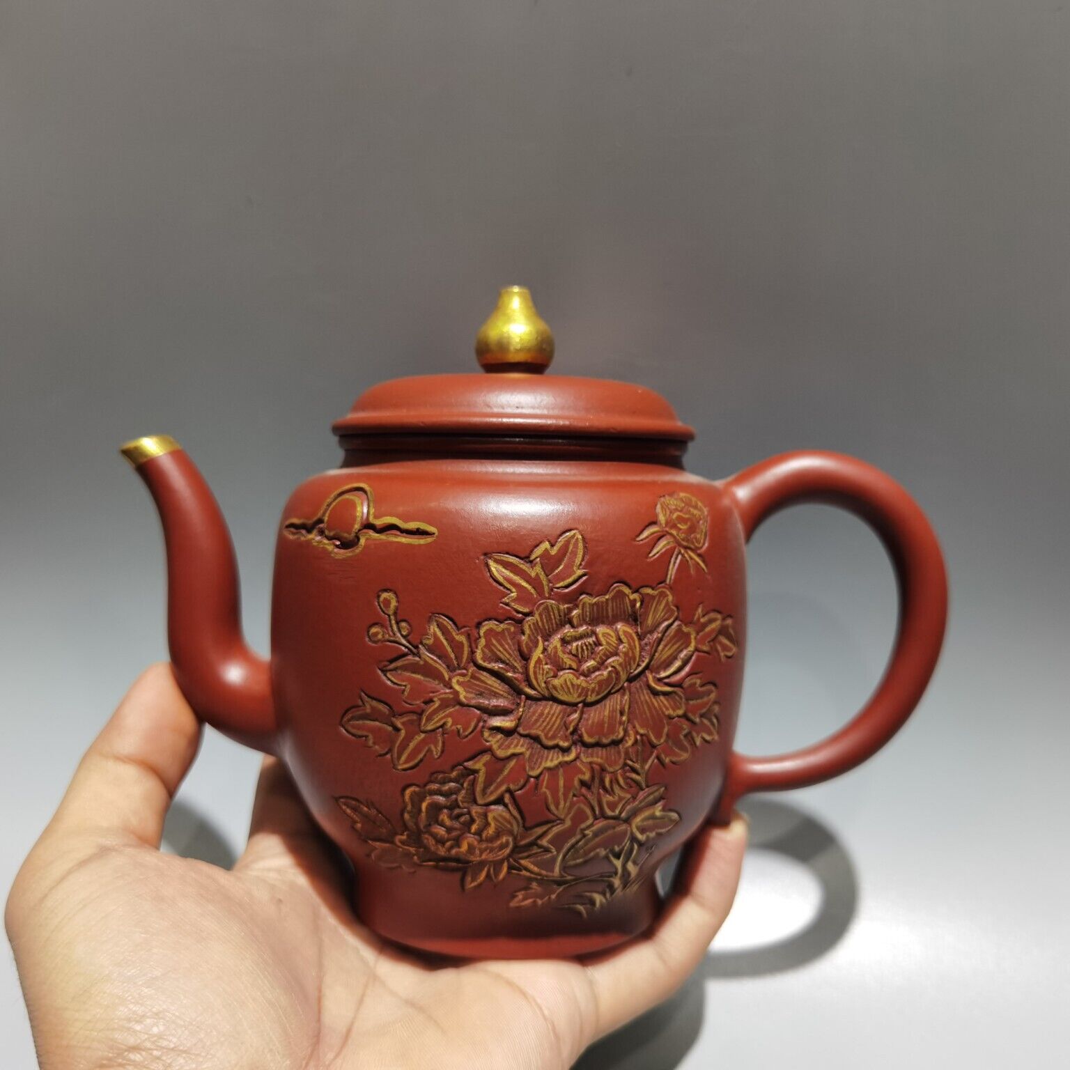 7″ China Yixing Zisha red Clay handmade carved flower Kung Fu tea regimen Teapot