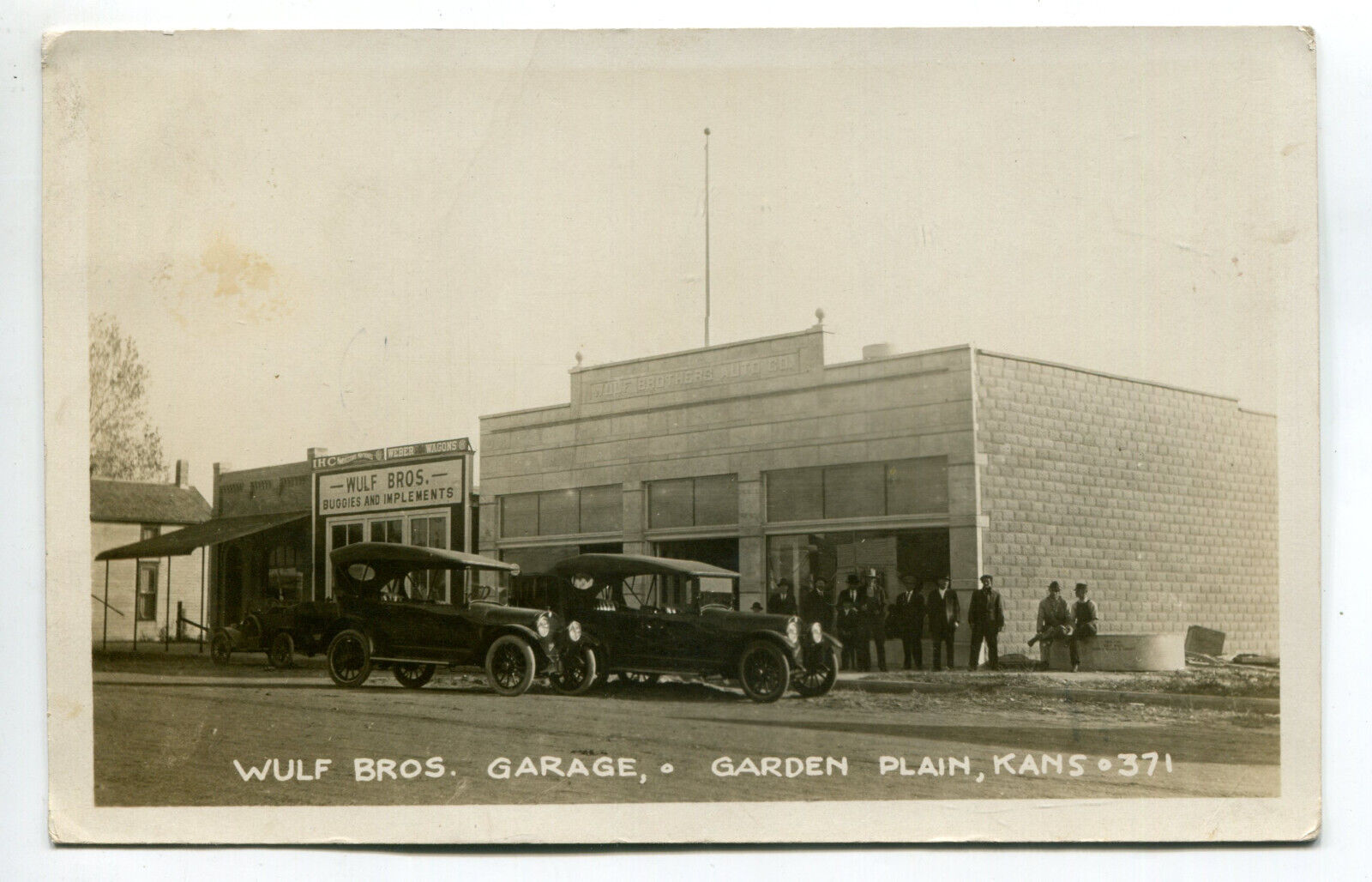 Wulf Bros. Garage Garden Plain, Kansas,  IHC Harvest Machines, Weber Wagons RPPC