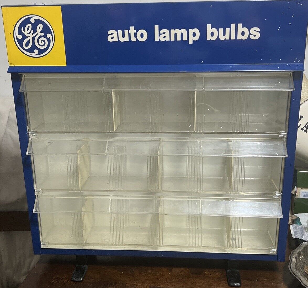 Vintage GE Auto Lamp-Bulb Countertop Display Cabinet-w/ 1 Shelf & 3 Tilt Drawers