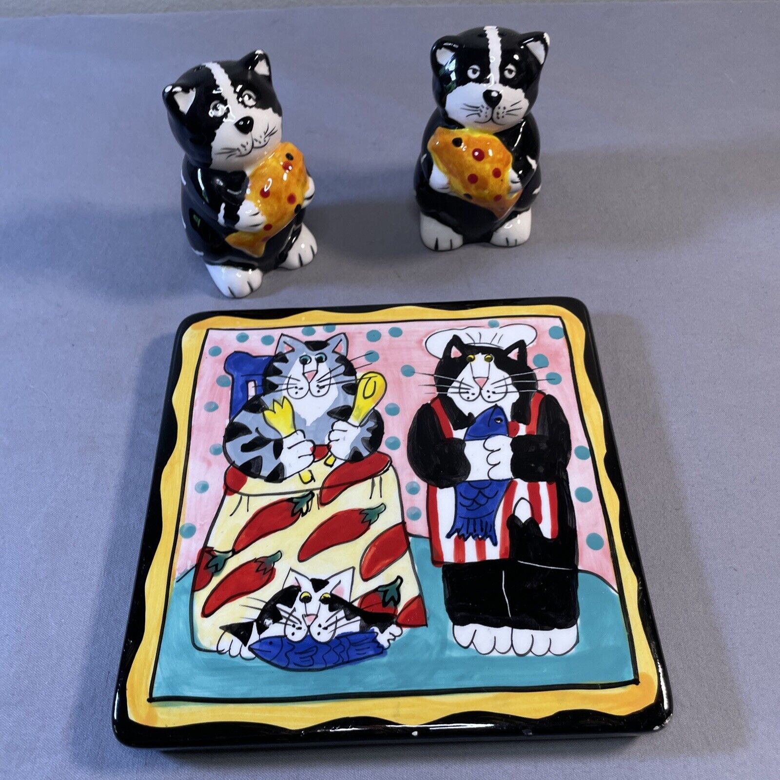 Vtg Whimsical Cats In Love Trivet Catzilla Art Tile Hot Plate Candace Reiter 6\