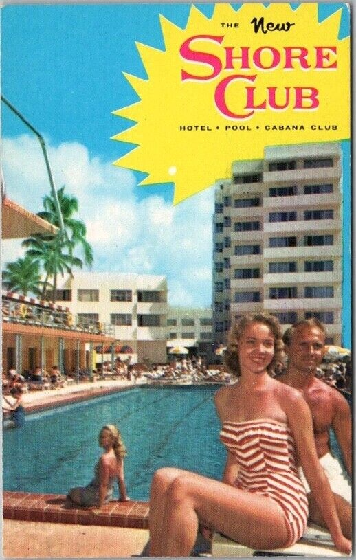 Vintage 1950s MIAMI BEACH, Florida Postcard SHORE CLUB HOTEL Girl at the Pool
