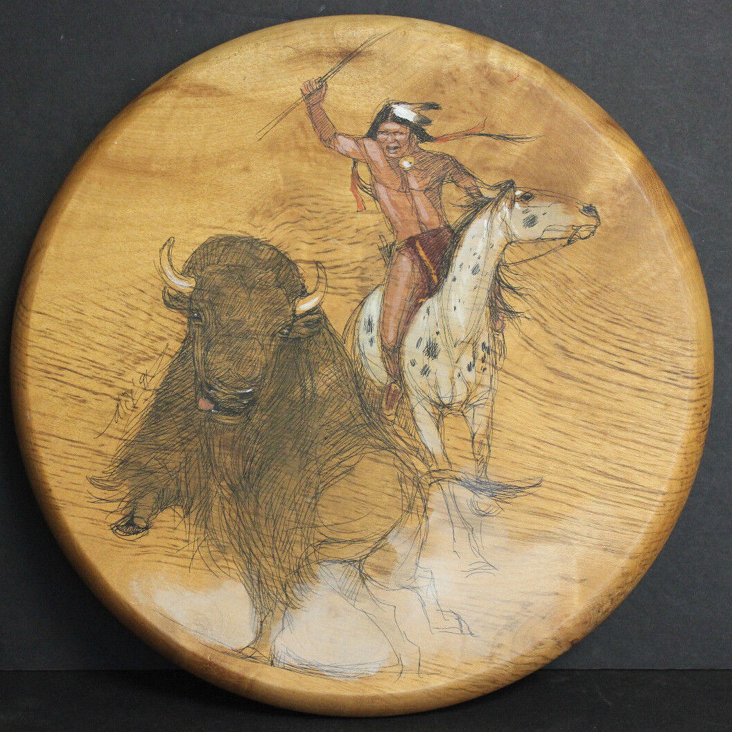 Indian & Buffalo Hunting Party INK DRAWING PAINTING on Wood Signed Dated