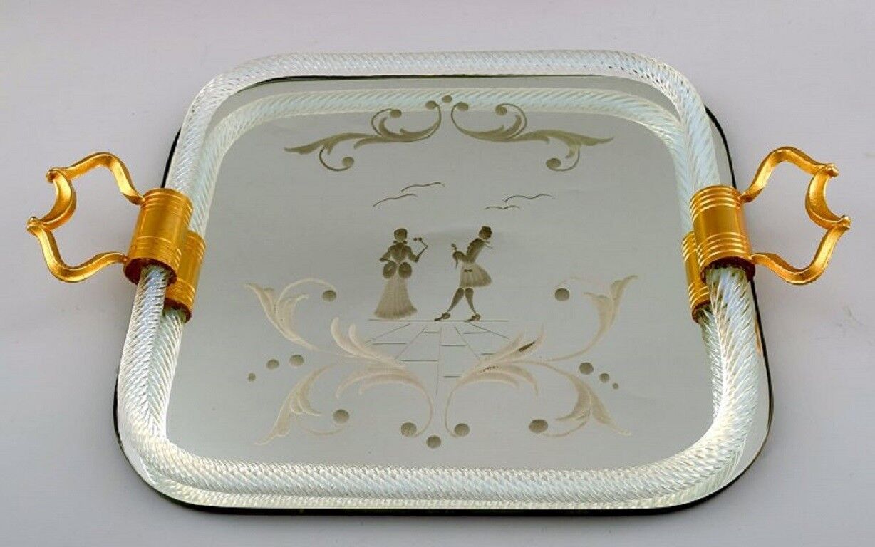 Murano, Italy, rectangular tray with mirrored plate, floral pattern