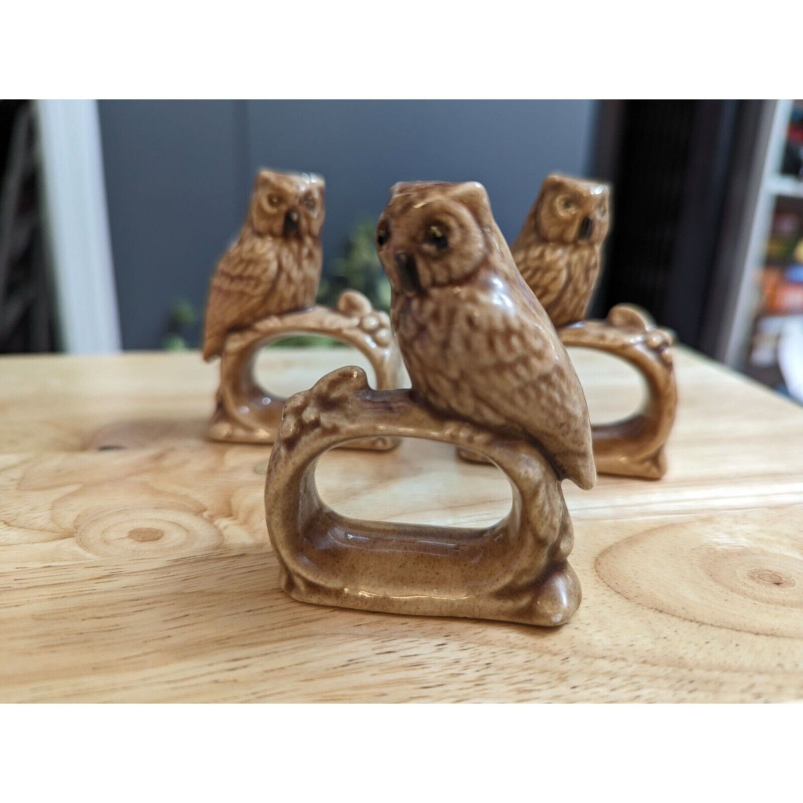 Lot 3 Brown Tan handpainted hobby piece owl on a branch napkin holder signed MRS
