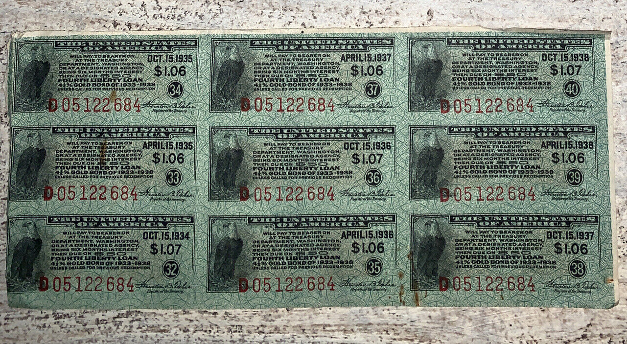 50 Dollar Fourth Liberty Loan Gold Bond of 1933-1938 Coupon Stubs *SEE* Photos
