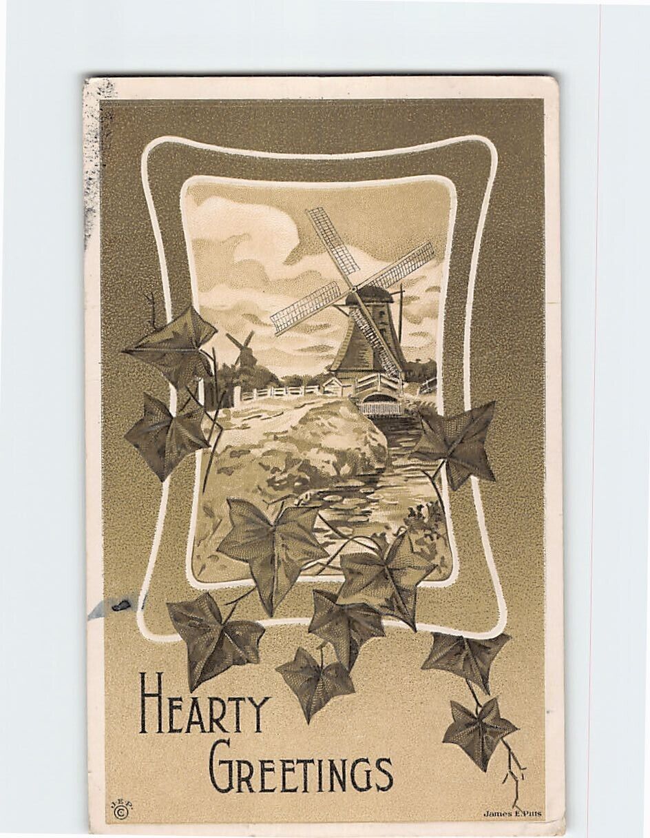 Postcard Hearty Greetings Windmill Scene Embossed Card