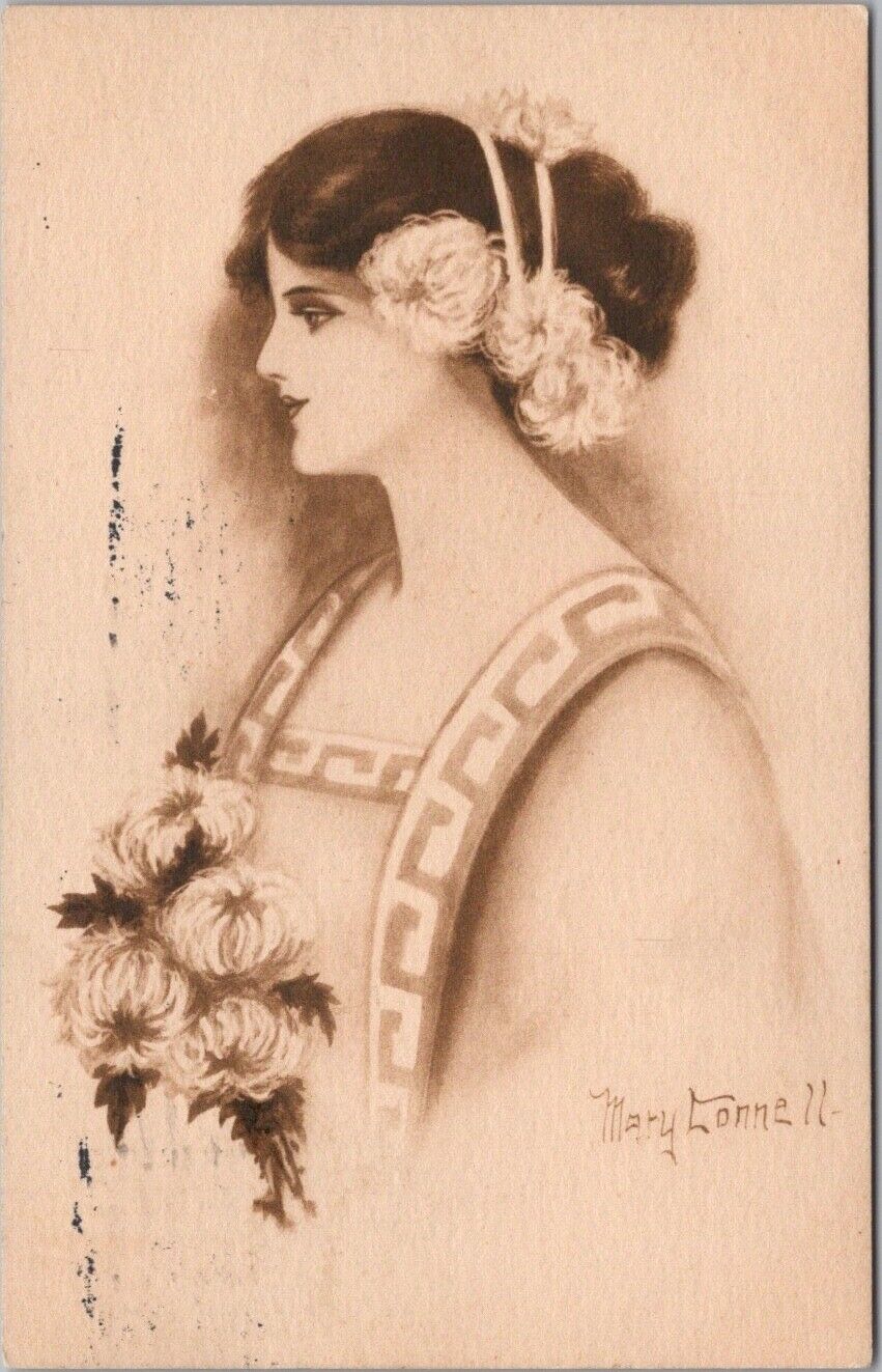 1909 Artist-Signed MARY CONNELL Postcard Pretty Lady Flowers /Lambin-Wenigman Co