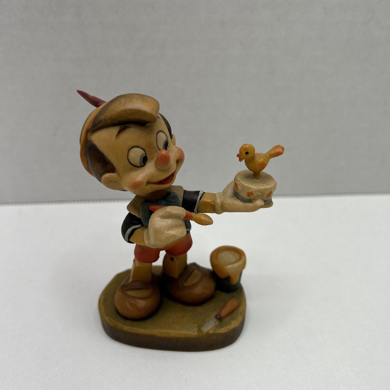 Anri Disney Woodcarvings:  Pinocchio With Bird Made In Italy