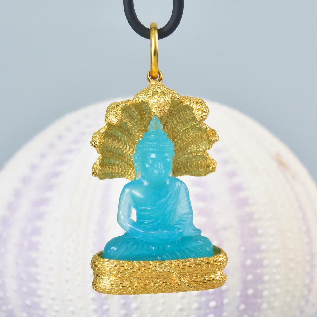 Buddha Image Mucalinda Naga Pendant Chalcedony Gold Vermeil Sterling 23.49 g