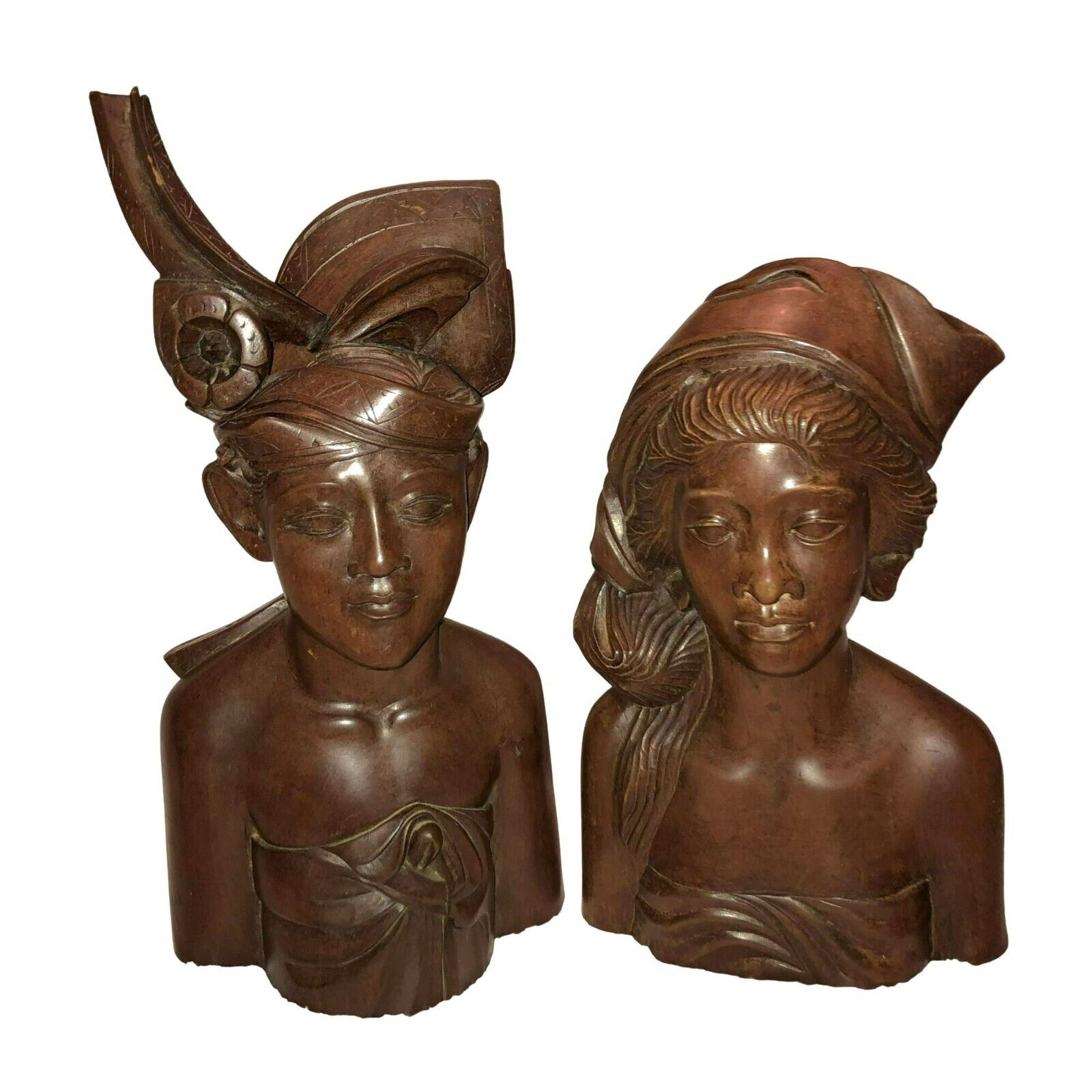 HAND CARVED INDONESIAN BUSTS SIGNED A A FATIMAH WOMAN WARRIOR 40s BALI SET OF 2