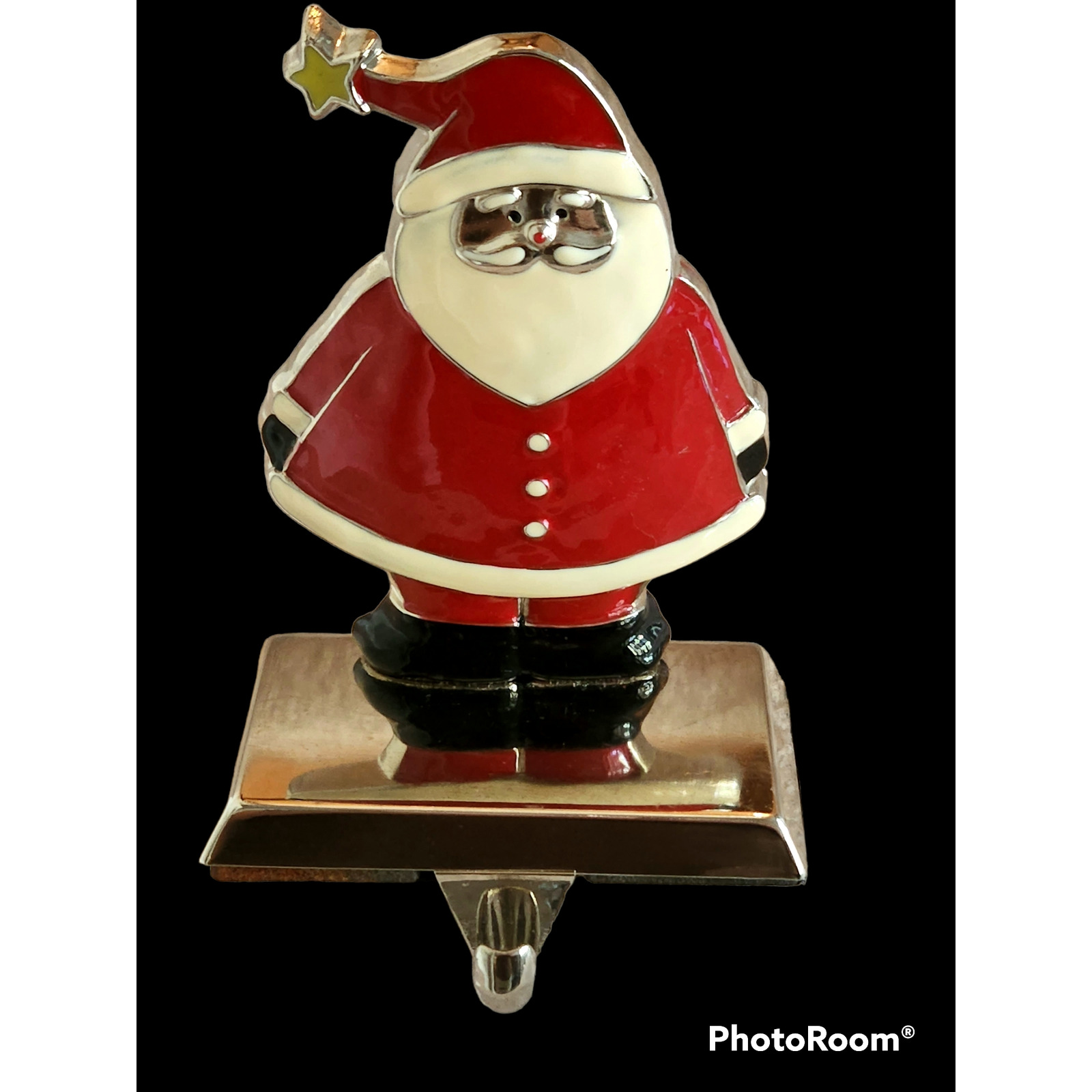 Christmas Santa Claus Mantel Stocking Holder Silver Base Red Enamel Body Heavy