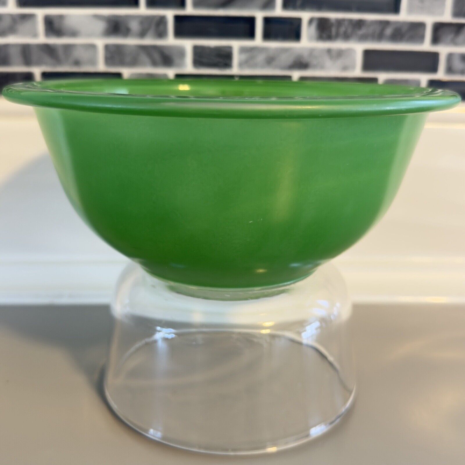 Vintage PYREX Mixing Bowl 322 Green Glass Clear Bottom Primary 1 Liter