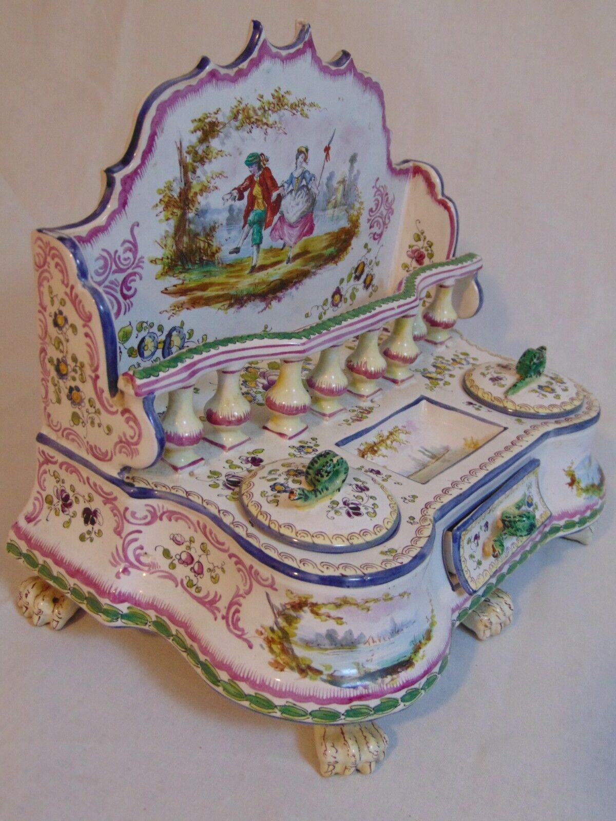 19th C  French Veuve Perrin Faience Inkwell Balcony Courting Couple