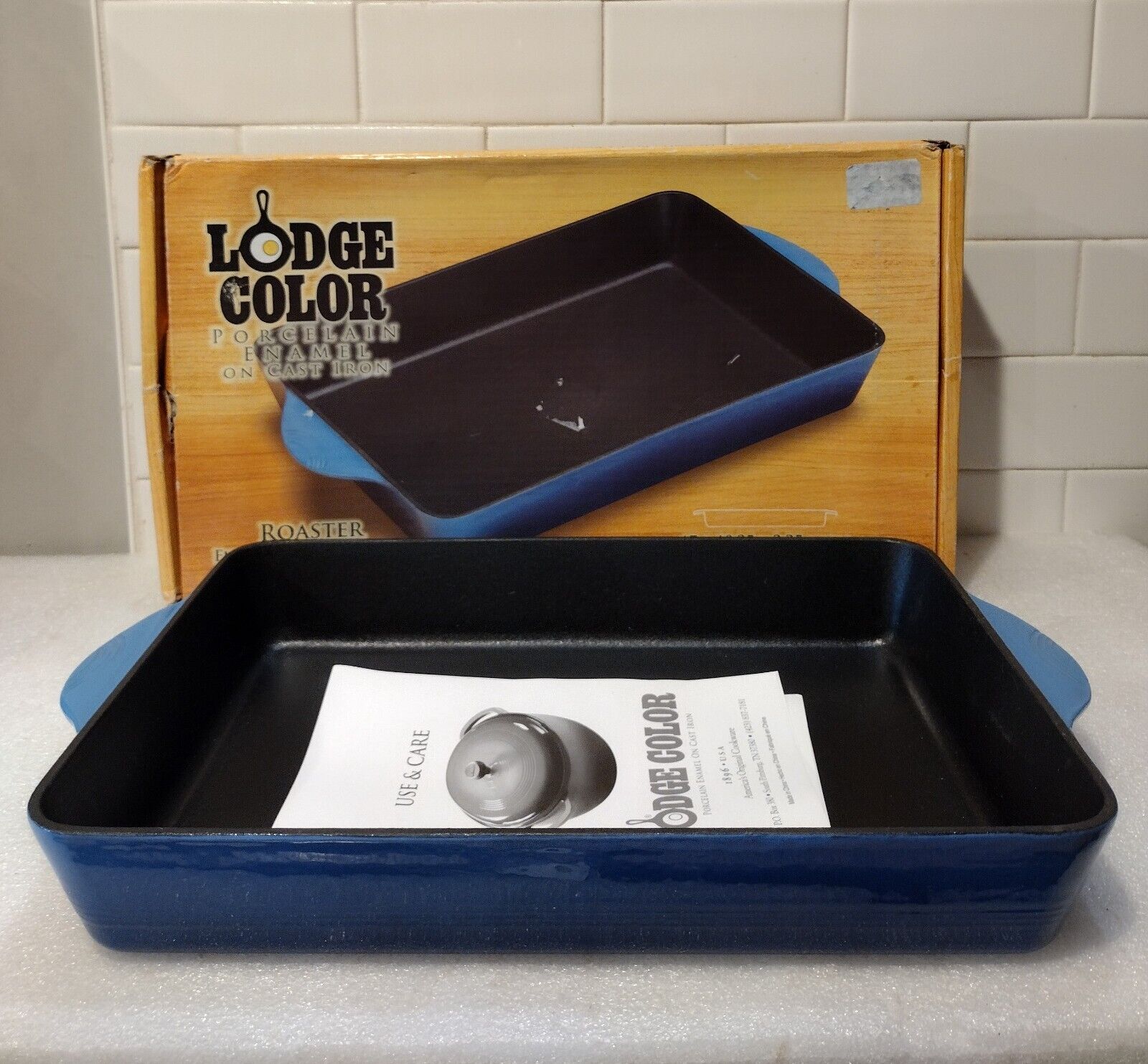 New Old Stock Lodge Blue Porcelain Enamel Cast Iron Roaster 17x10.25x2.25 inches