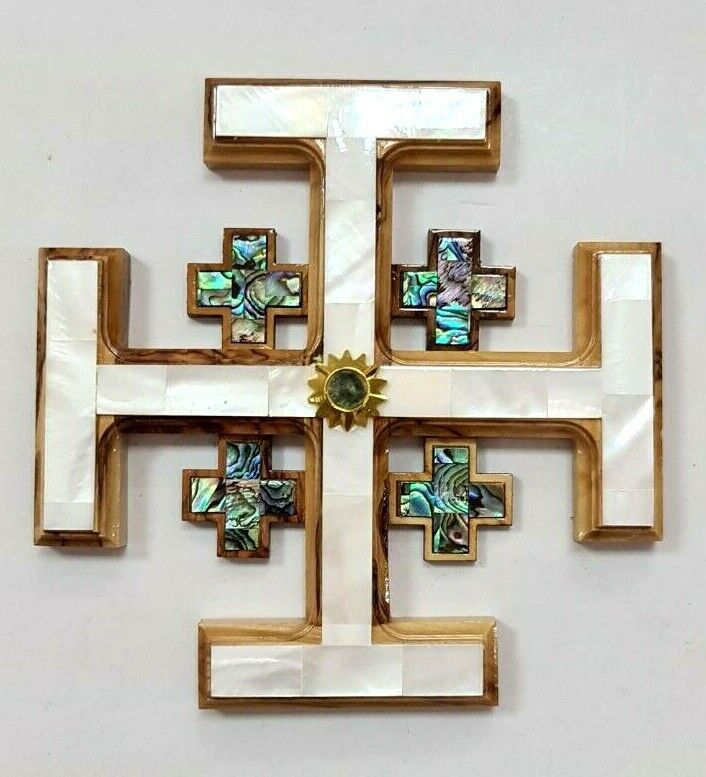 Beautiful Jerusalem Cross seashell olive wood hand carved holy land gift 16*16cm