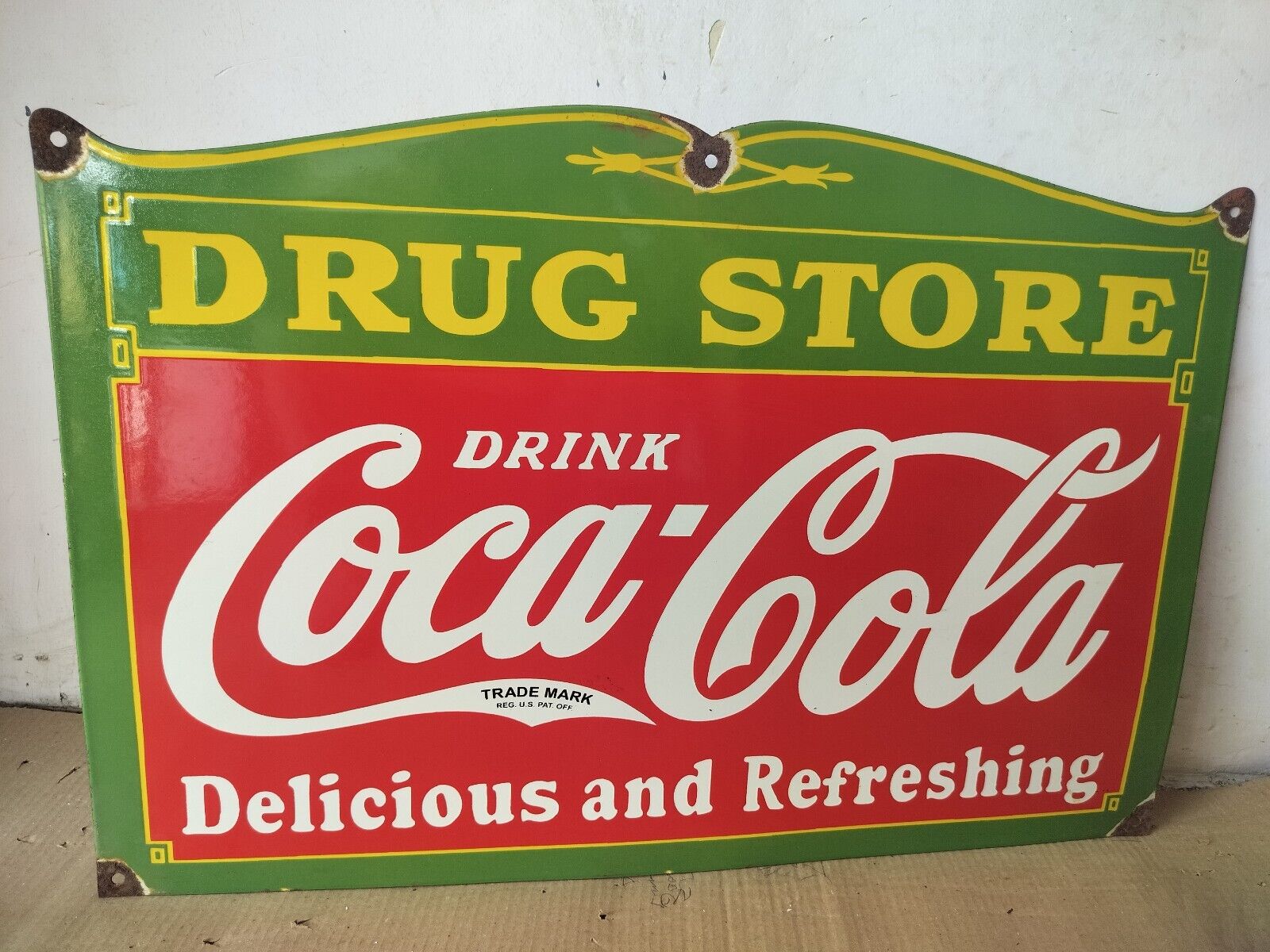 Drink Coca Cola Drug Store Porcelain Enamel Sign  27 x 18 Inches