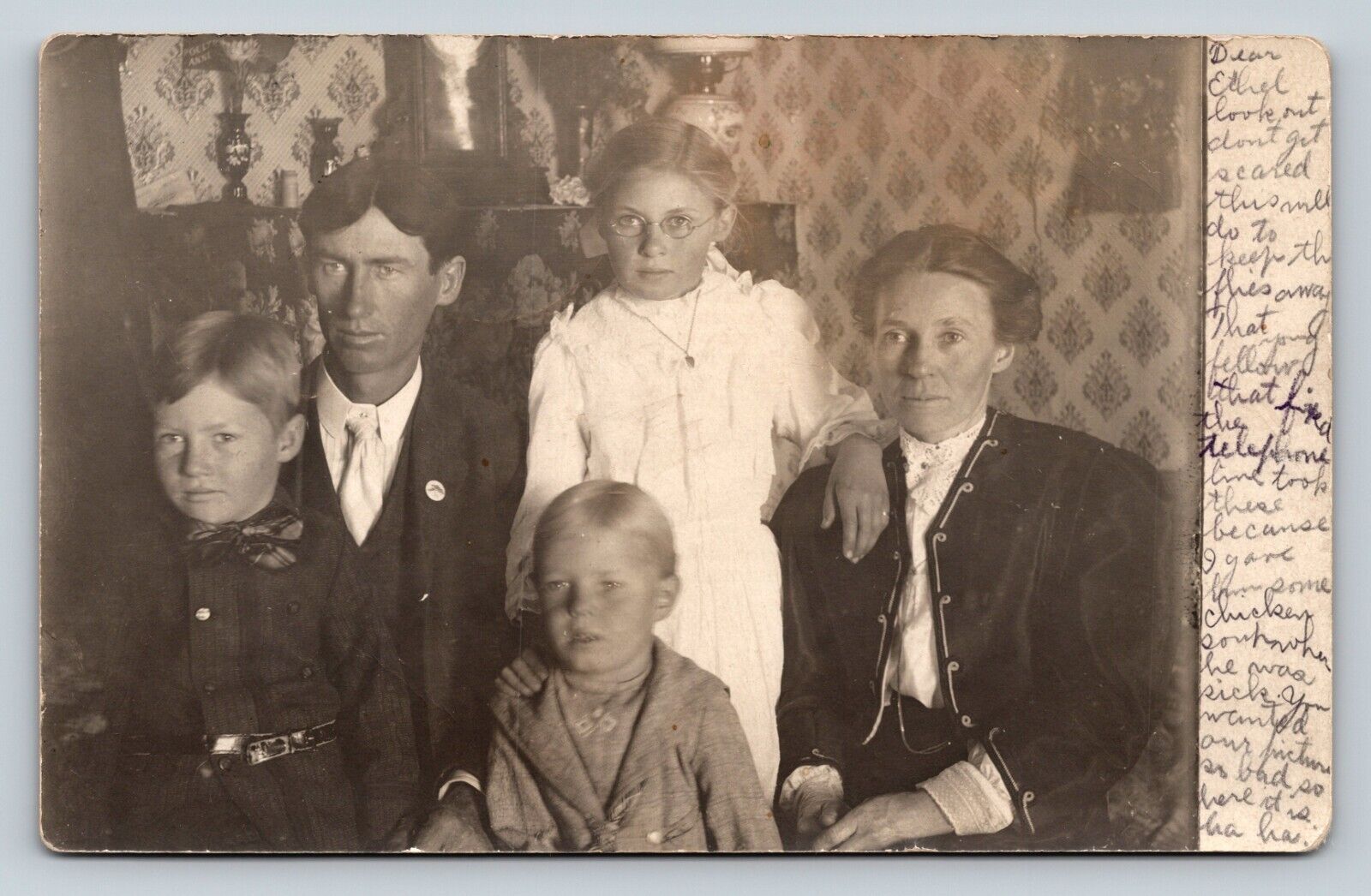 RPPC Family of Five Poses in Room with Wall Paper VINTAGE Postcard 1504