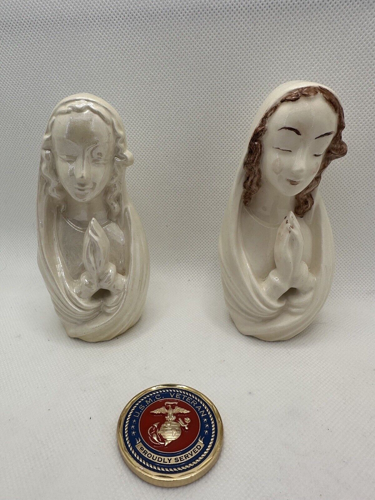 2 Vintage Miniature Madonna Figurines- White And Painted Set Lot Mary Statuettes