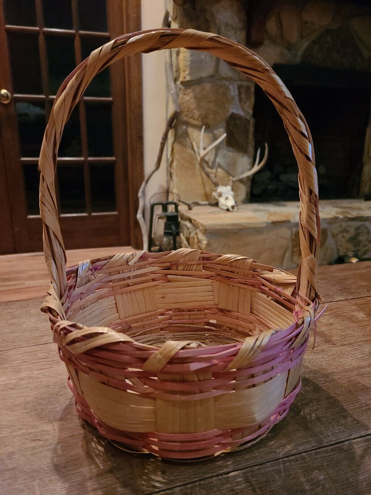 Vintage 50s 60s Woven Easter Basket Pink Bands Handle Mexico 8\