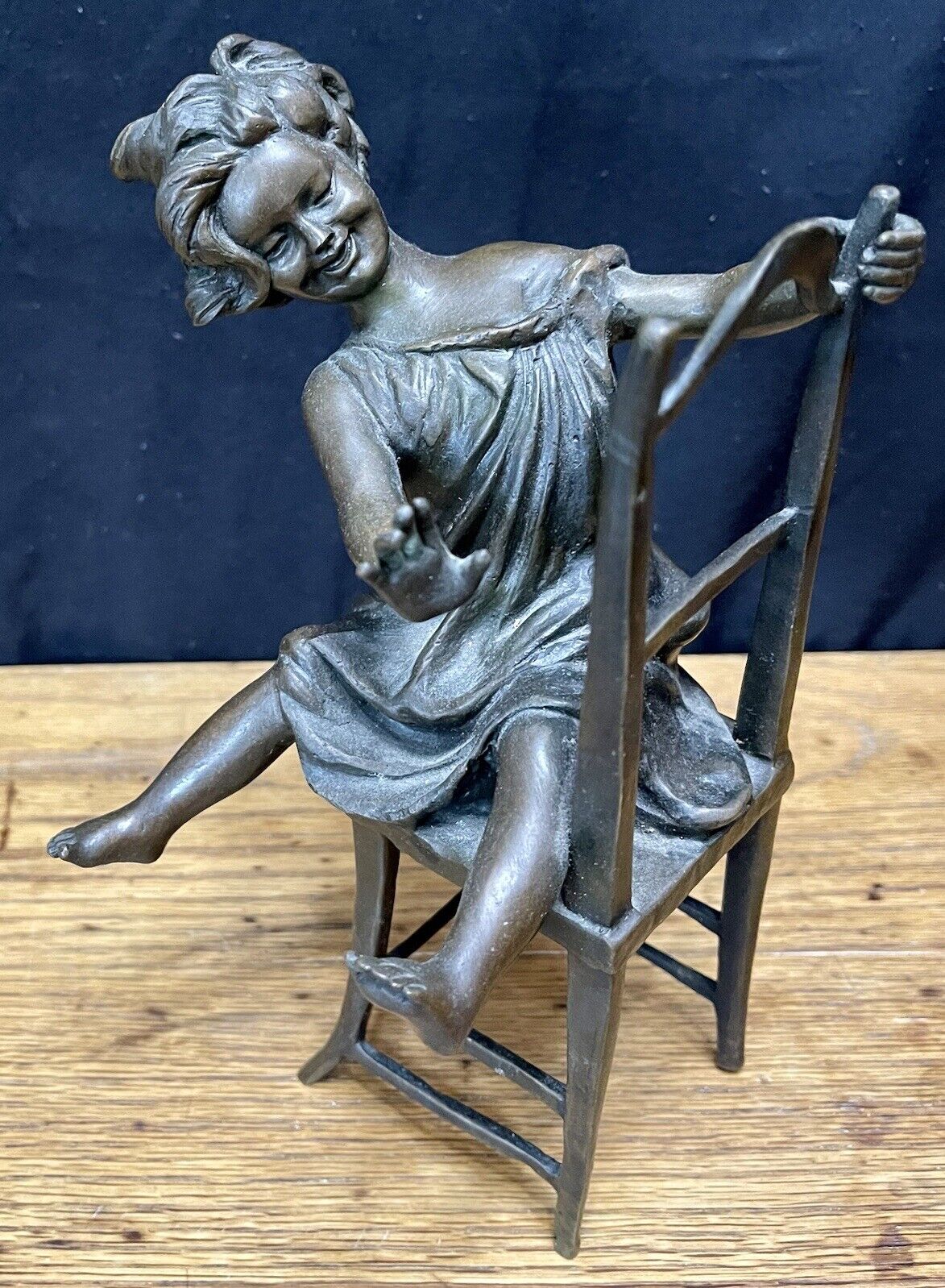 Vintage Signed Bronze Girl On Chair. Beautiful Art Work. Happy, Fun, Child