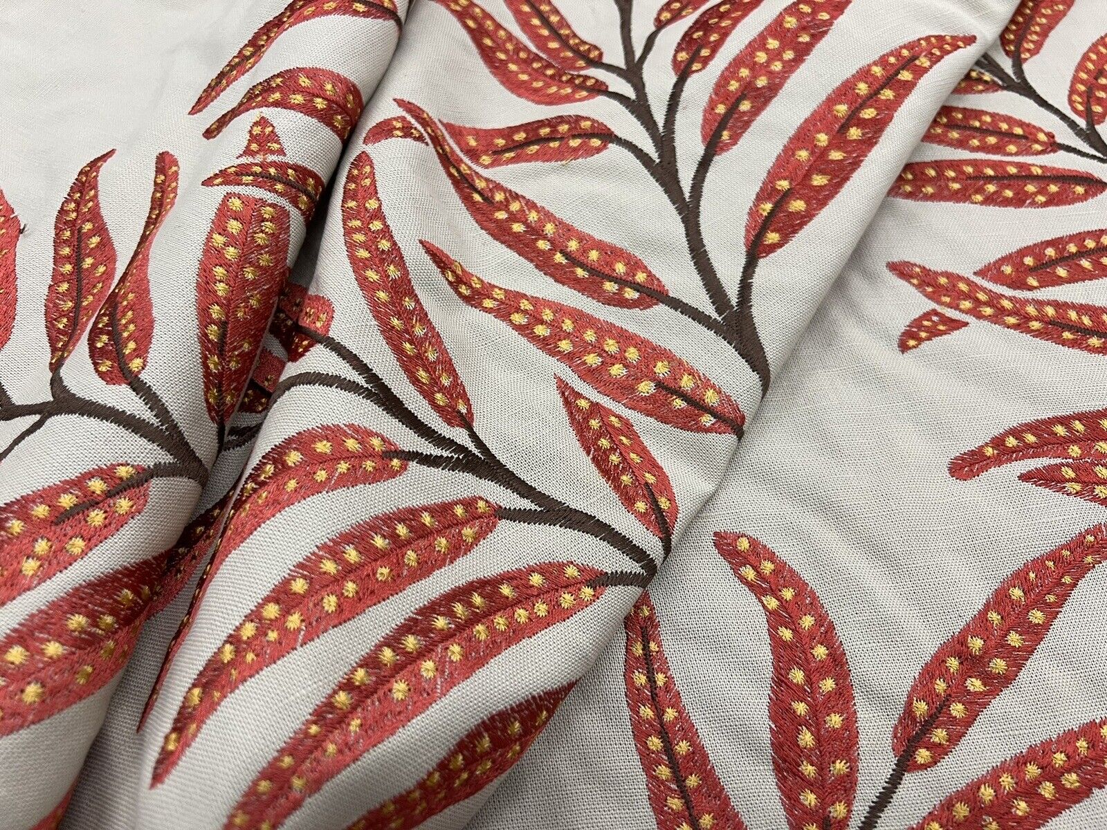 Jane Churchill Large Scale Leaf Embroidery Fabric- Haywood Leaf / Red 1.85 yds