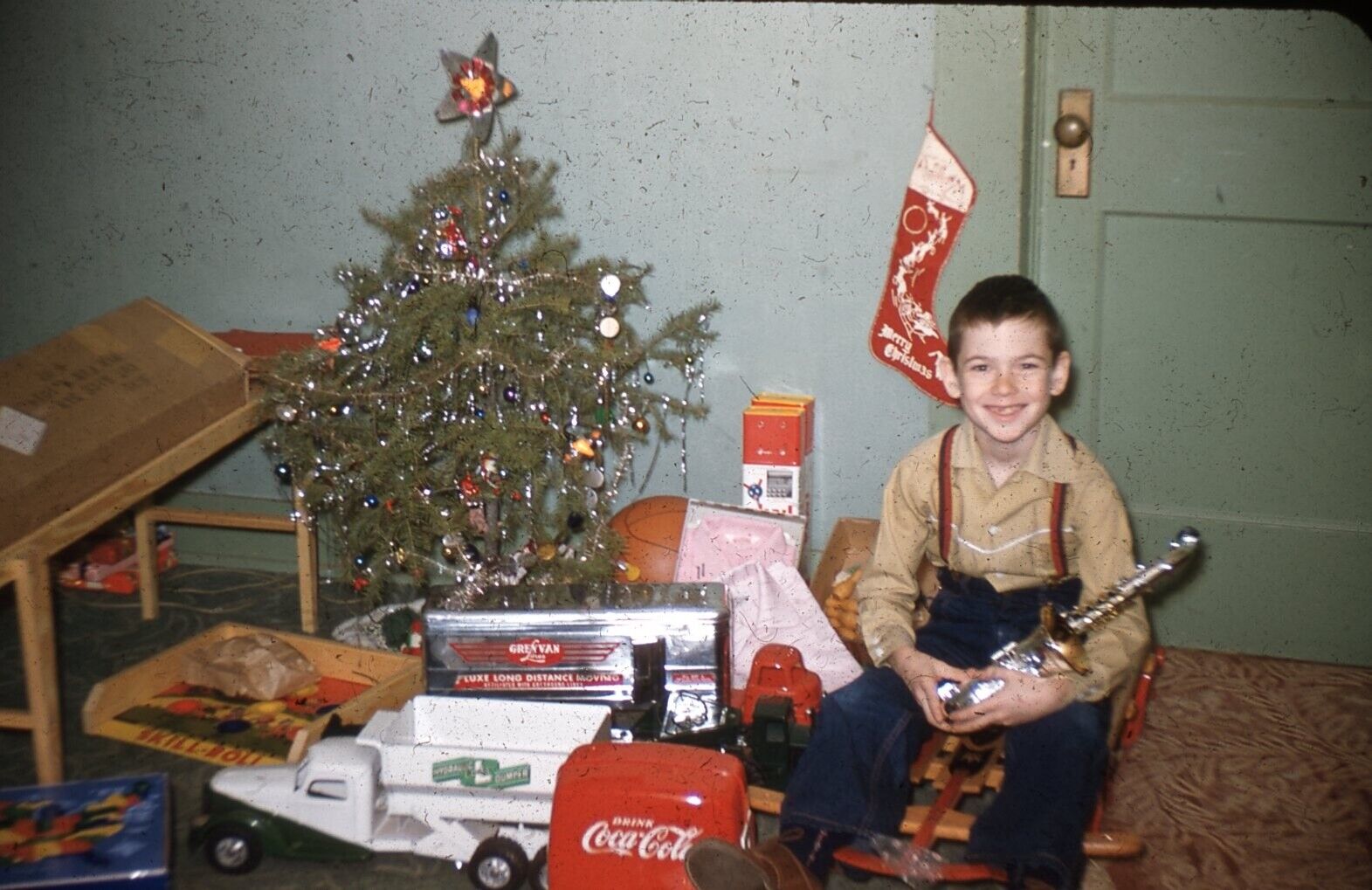 sl52 Original Slide 1954 Christmas boy w/ all his gifts 937a