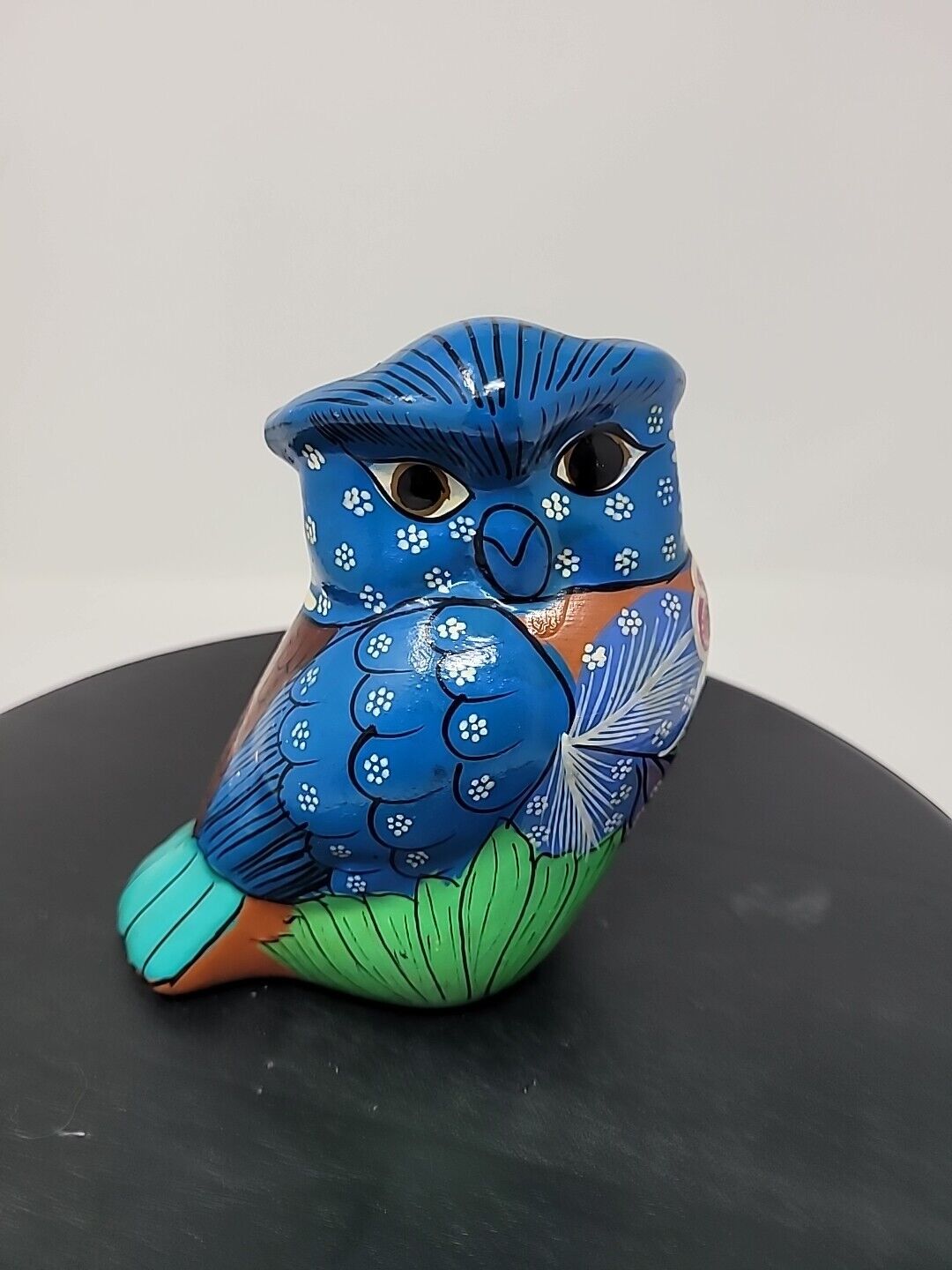 Mexican Folk Art Pottery Handpainted Mexican Love on Blue Ceramic Owl Figurine