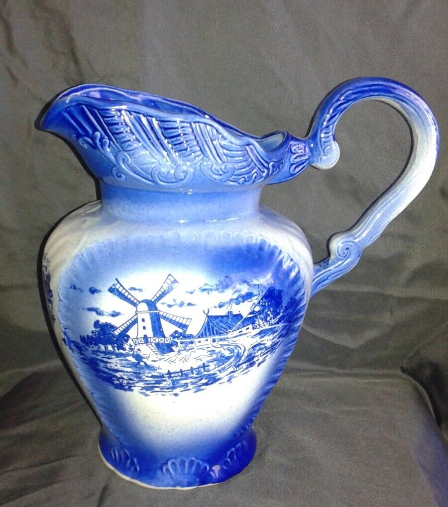 Beautiful  Blue & White Ceramic Pottery Windmill Scenic  Pitcher 