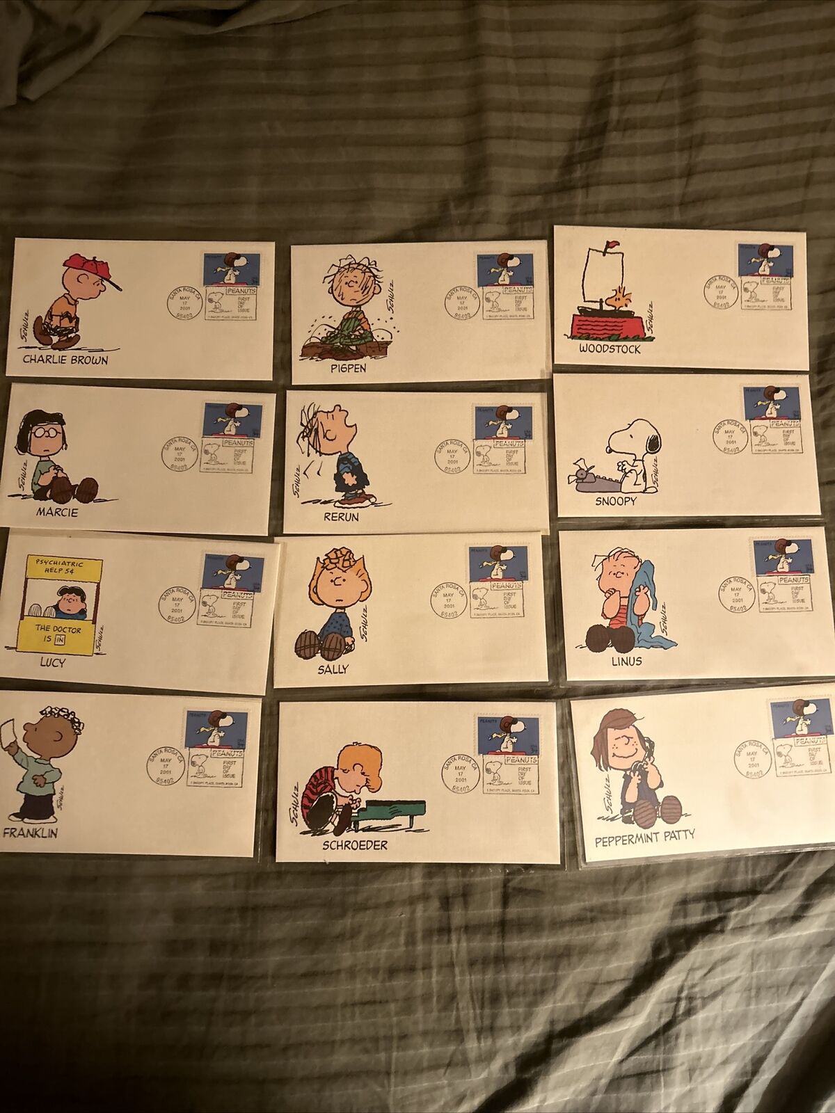 Vintage Retro 2001 Peanuts Gang Characters 1st DAY Stamped Envelopes All 12