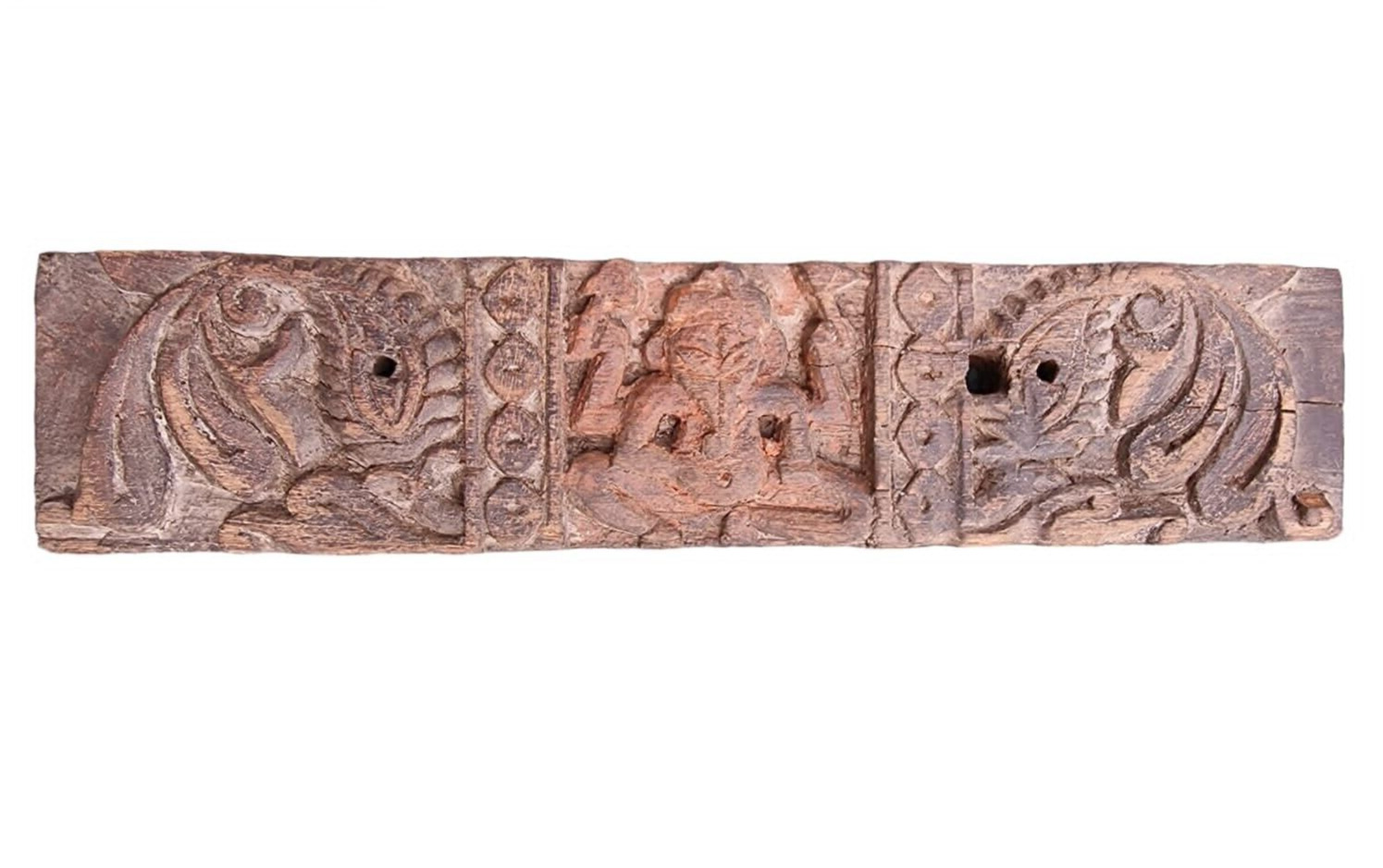 18C Old Vintage Antique Wood Hand Made Wooden Hindu God Ganesh Statue Wall Panel