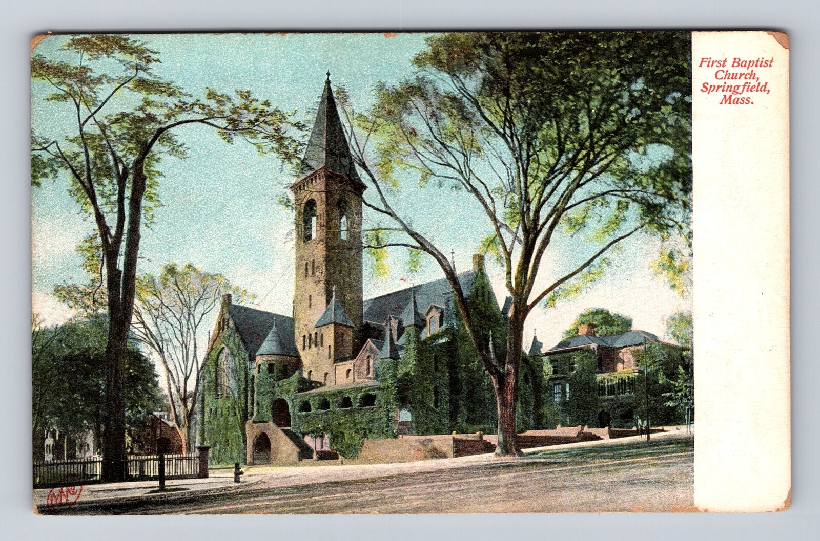Springfield MA-Massachusetts, First Baptist Church, Antique Vintage Postcard