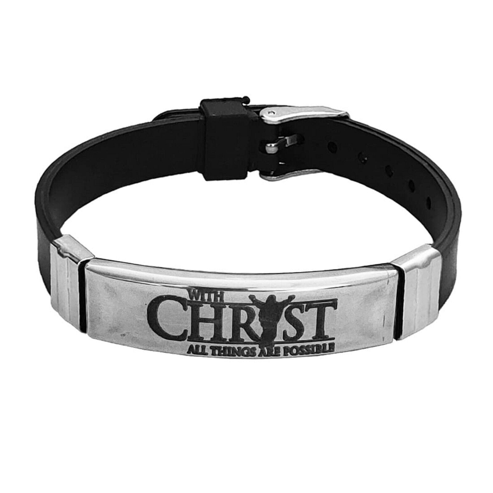 Stylish Christian Stainless Steel Jesus Christ Silicone Strap Bracelet Black