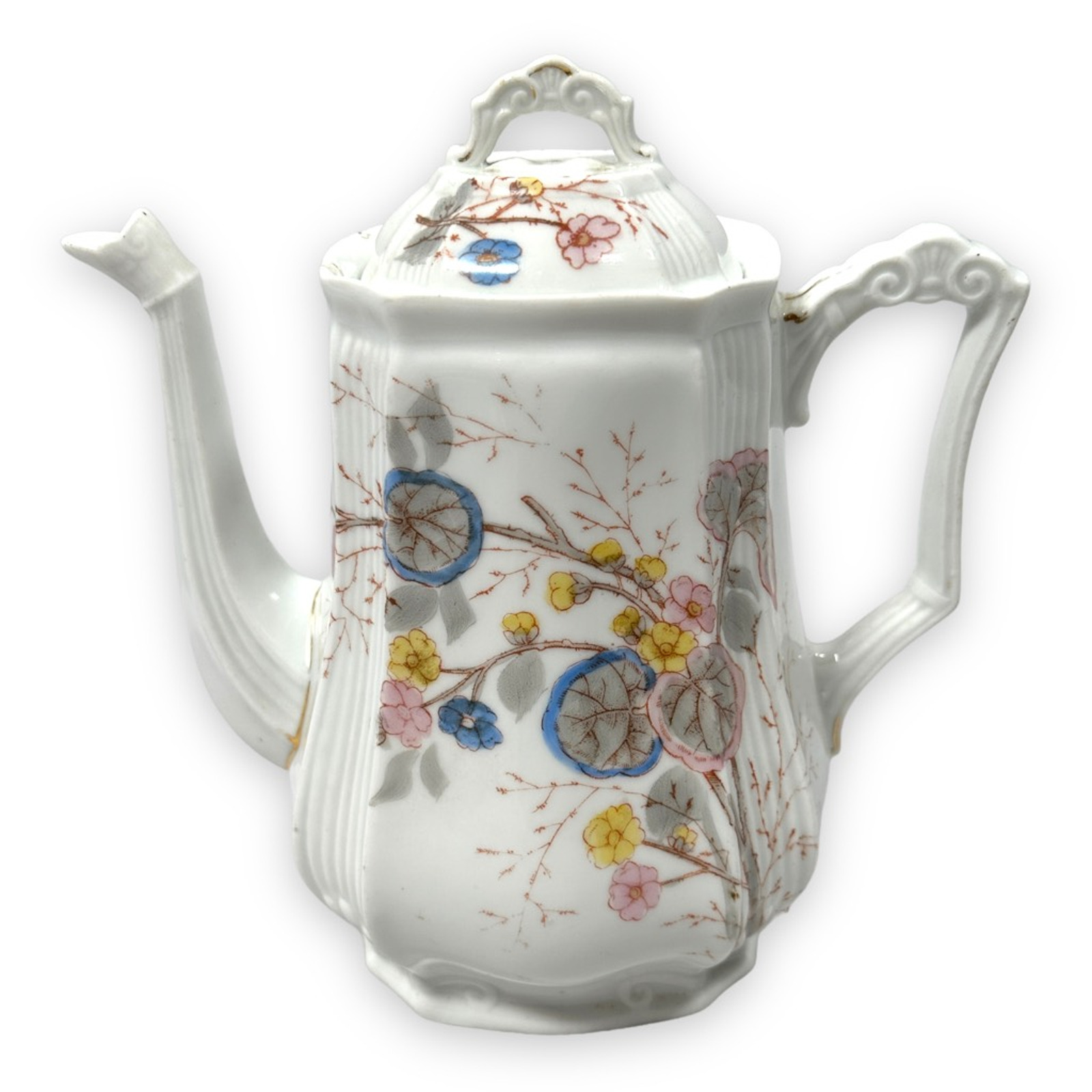 Vintage L Straus & Sons Teapot Porcelain Coffee Pot Pink Yellow Blue Floral LS&S