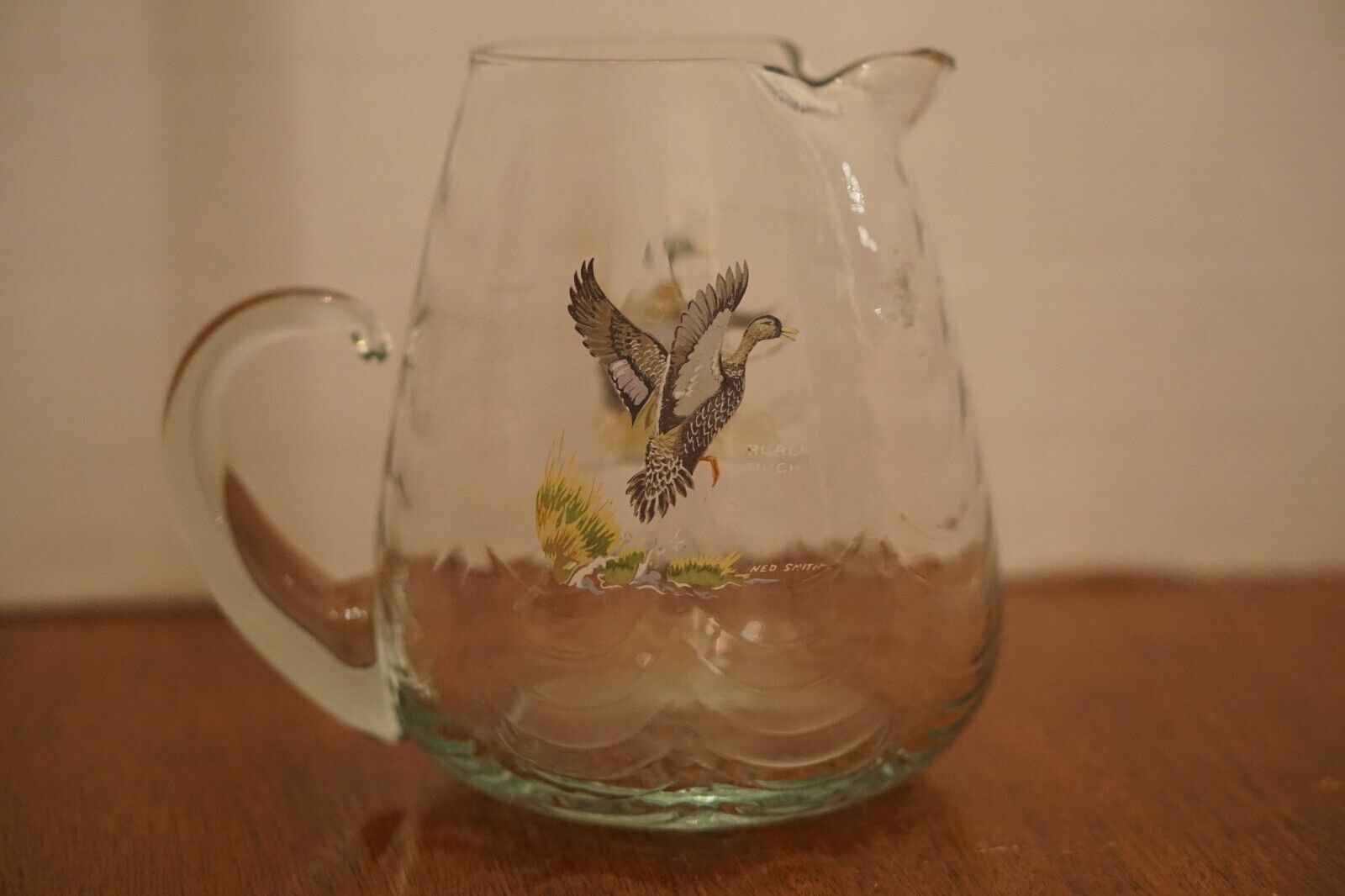 Vintage Ned Smith Optic Glass Pitcher- BLACK DUCK and MALLARD
