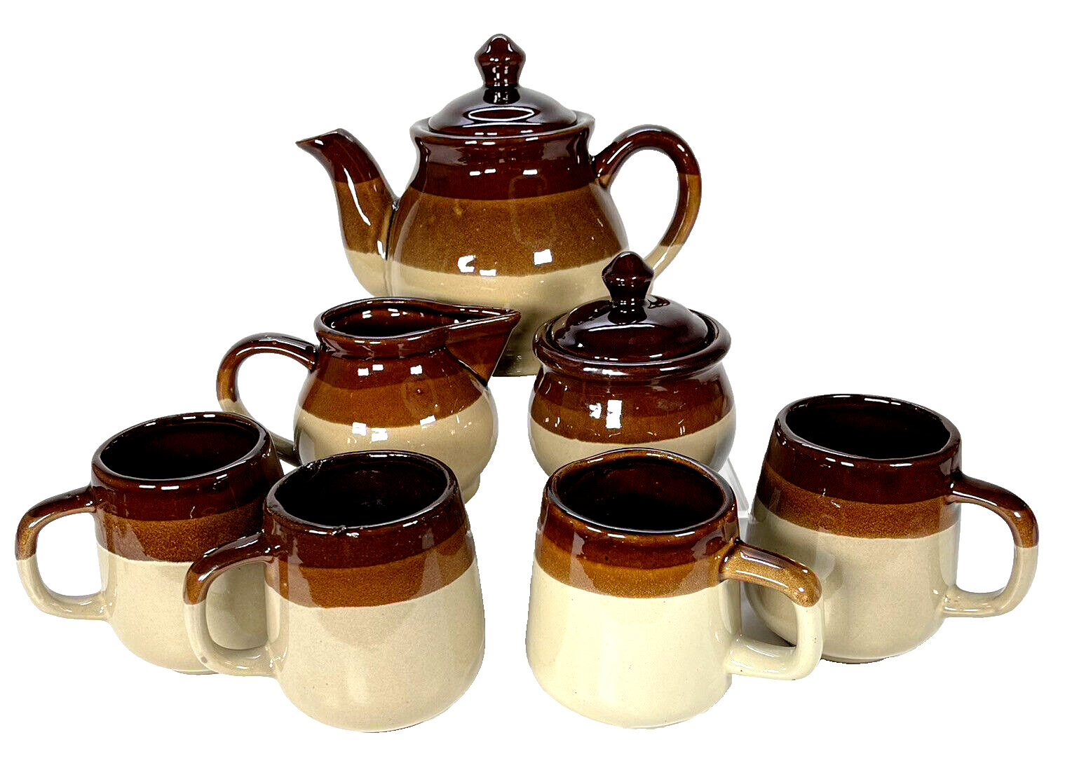 Vintage Brown Stoneware Tea Set Sugar Creamer Mugs Tri-Color Bands Taiwan