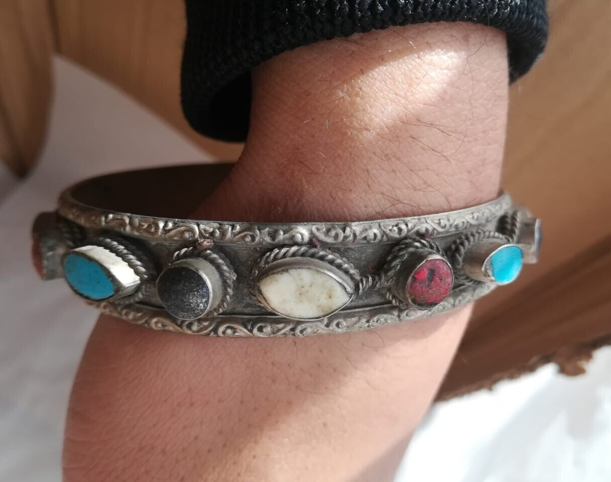 Moroccan silver ornamental antique bracelet with colored decoration  very wide