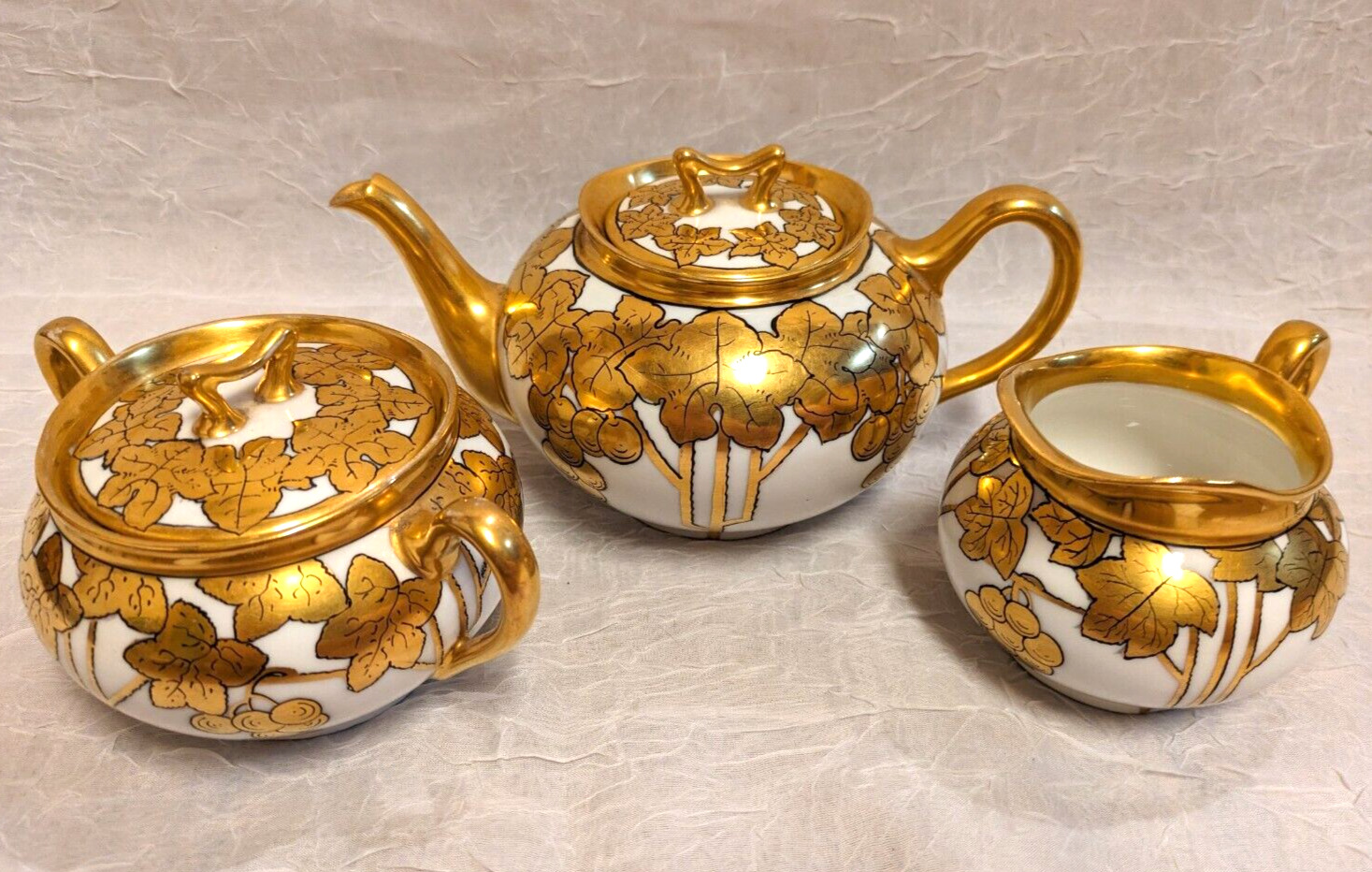 Rare Antique Artist Signed White\'s Art Co Handpainted Gold Grapevine Tea Set