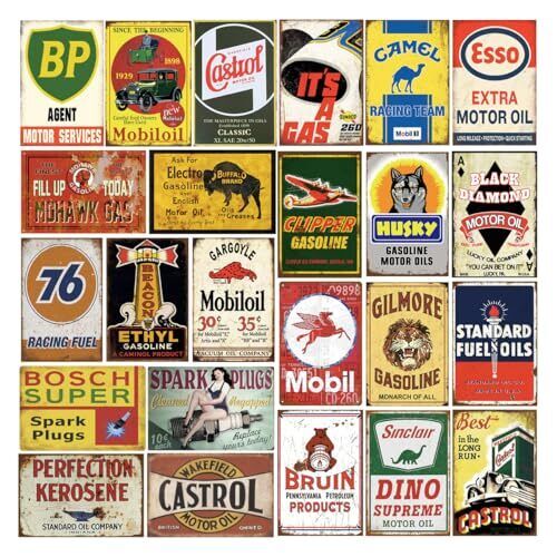 24 Pieces Gas and Oil Tin Signs, Retro Vintage Metal Sign for Home Man Cave G...