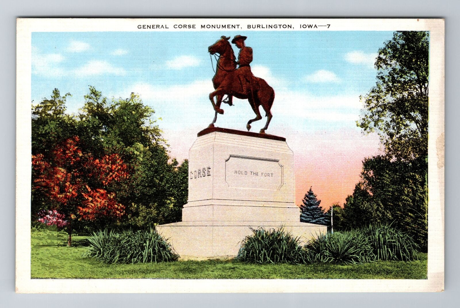 Burlington IA-Iowa, General Corse Monument, Antique Vintage Souvenir Postcard