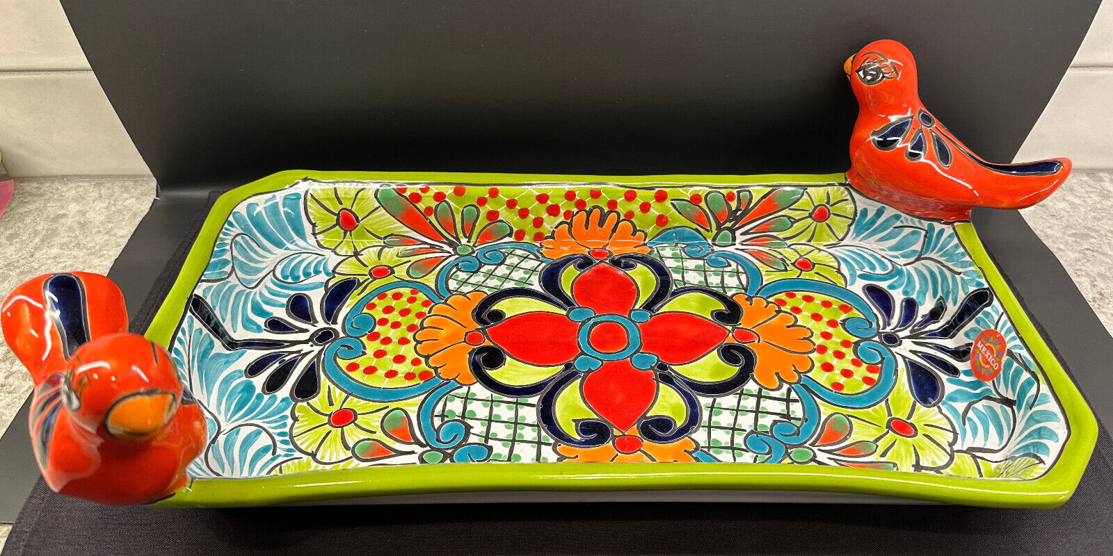 Large Castillo Talavera Mexican Pottery - Red Birds on Rectangle Platter/Dish
