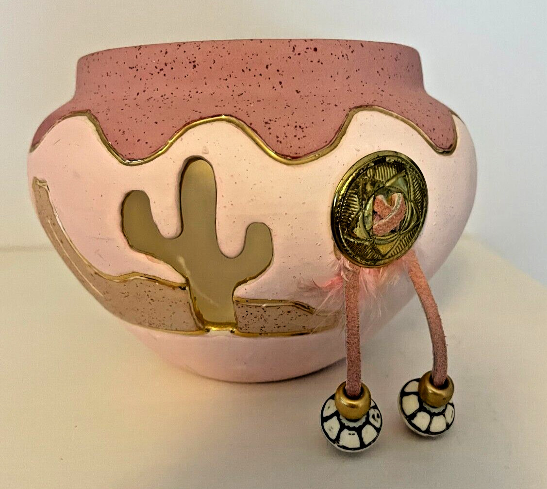 Ceramica Aljesa Tea Light Holder Mexican Vase Feather Beading Gold Inlay Pottery