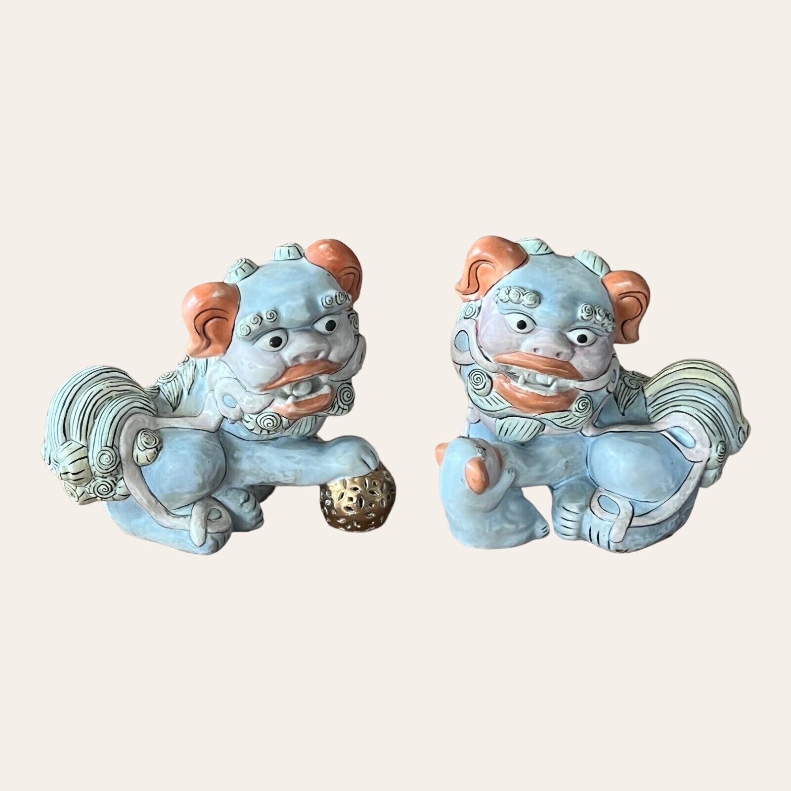 vintage foo dogs pair: Lovely Soft Pastels Including Peach , Lightest Blue